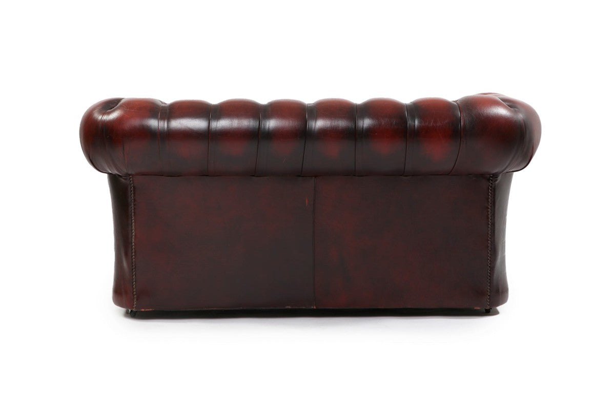 Divano Chesterfield club 2 posti inglese originale vintage in pelle rosso bordeaux anticato - Antichità Sale
