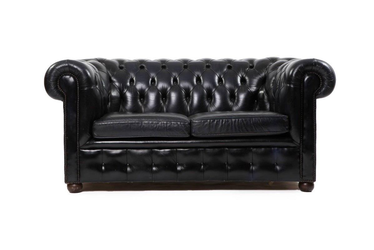 Divano Chesterfield club 2 posti inglese originale vintage in pelle blu scuro - Antichità Sale