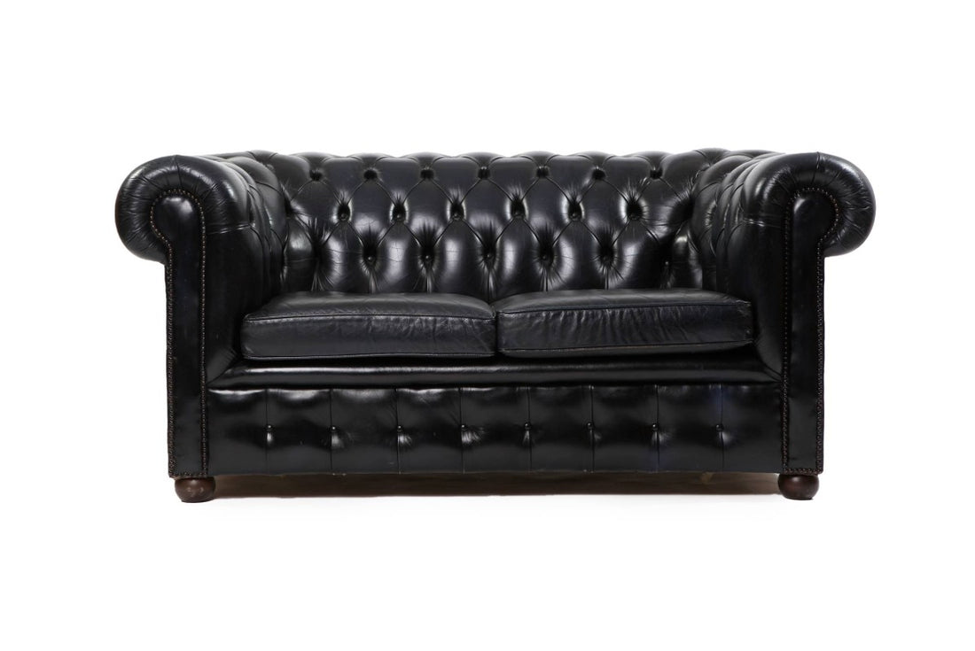 Divano Chesterfield club 2 posti inglese originale vintage in pelle blu scuro