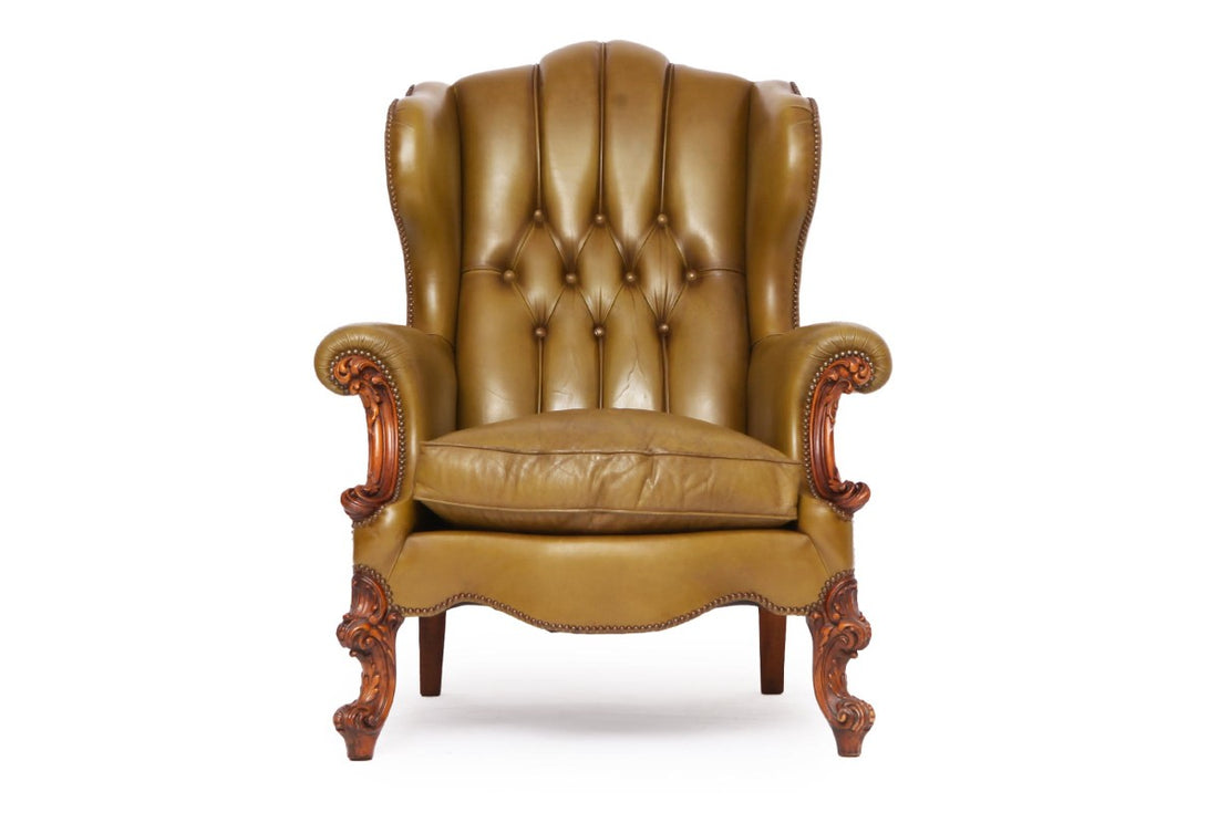 Poltrona chesterfield bergere inglese vintage in pelle verde oliva