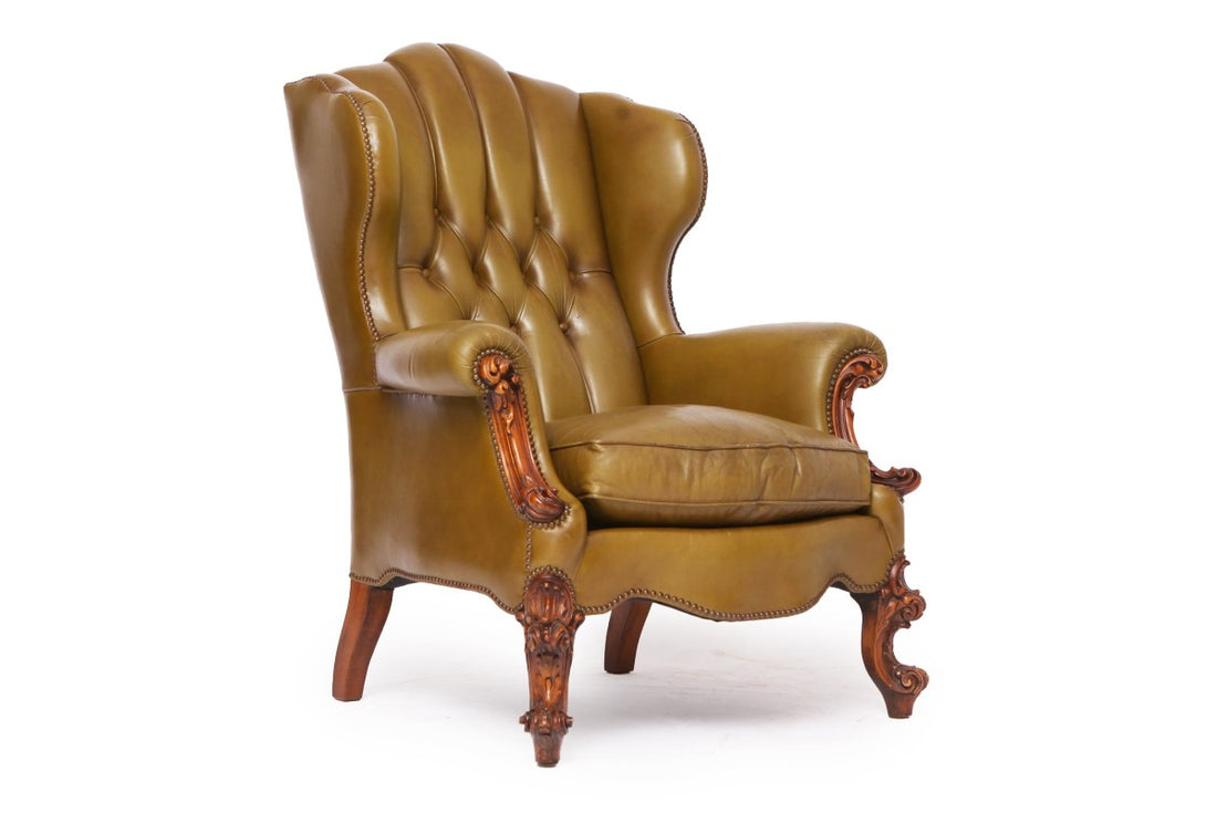 Poltrona chesterfield bergere inglese vintage in pelle verde oliva