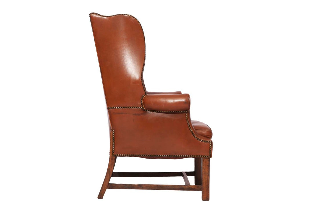 Coppia di poltrone bergere inglese originale vintage in pelle marrone cognac