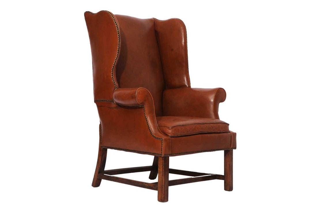 Coppia di poltrone bergere inglese originale vintage in pelle marrone cognac