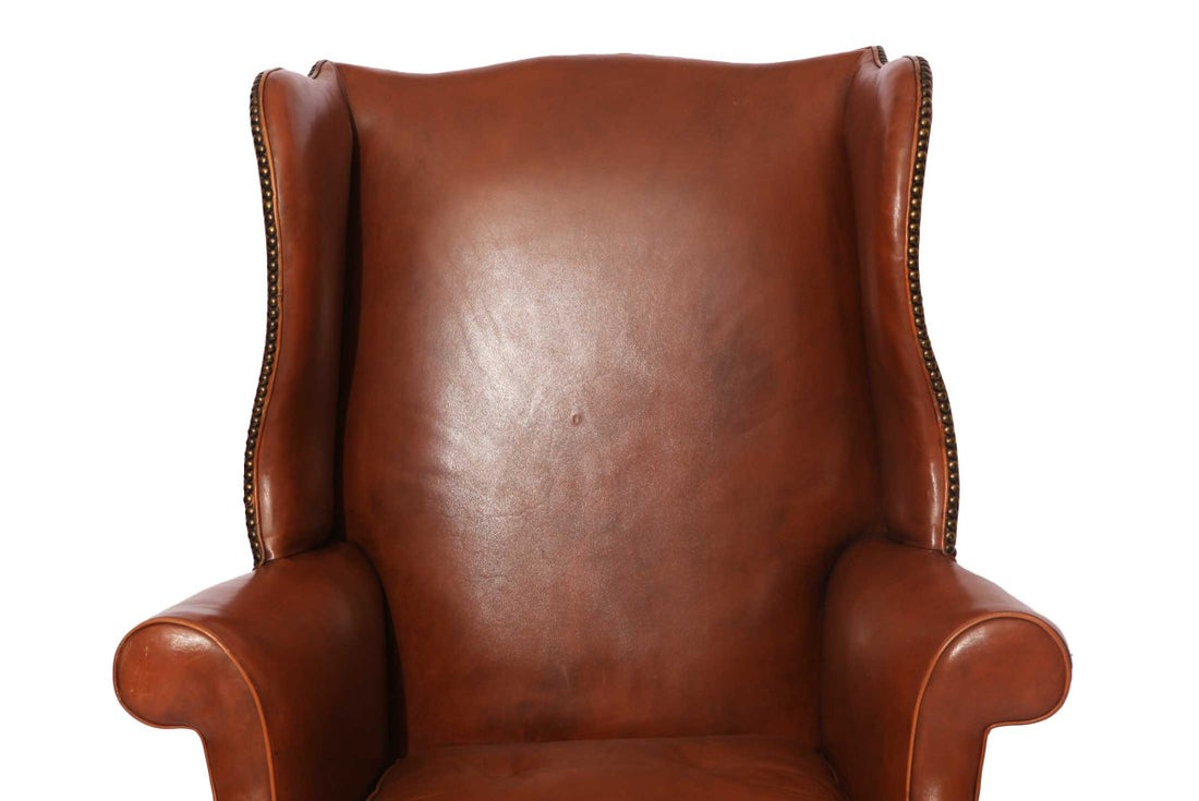 Coppia di poltrone bergere inglese originale vintage in pelle marrone cognac