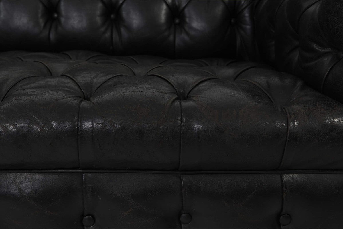 Divano chesterfield club 3 posti antico inglese originale in pelle nera - Antichità Sale