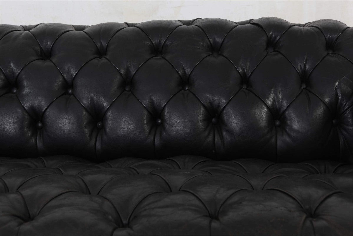 Divano chesterfield club 3 posti antico inglese originale in pelle nera - Antichità Sale