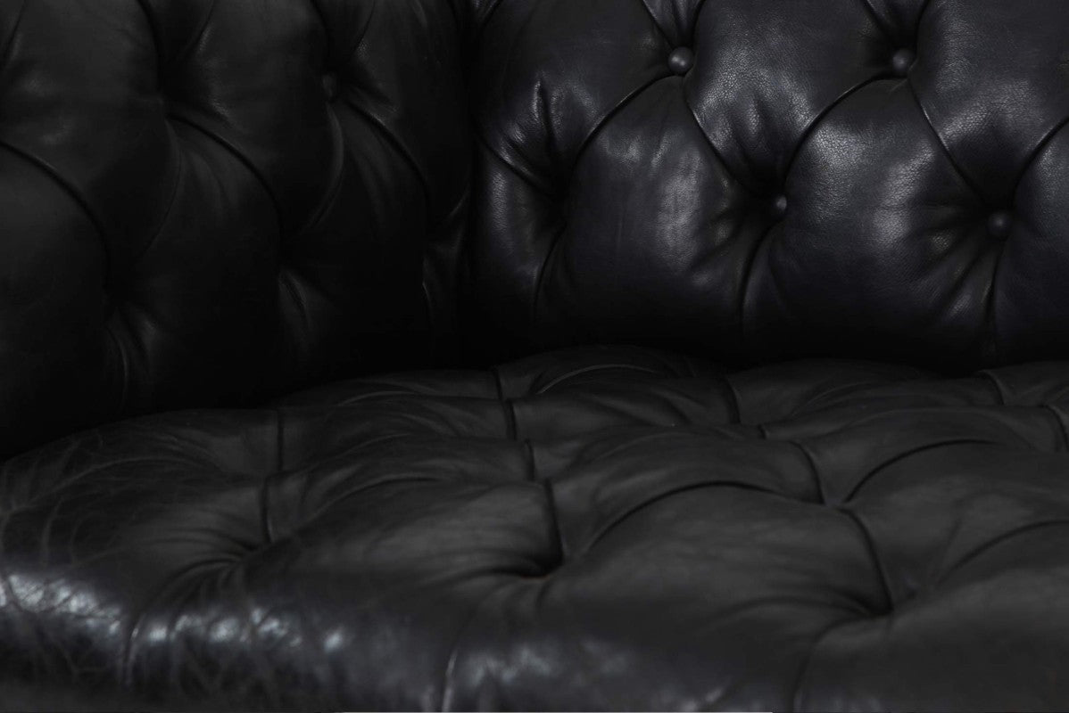 Divano chesterfield club 3 posti antico inglese originale in pelle nera - Antichità Sale
