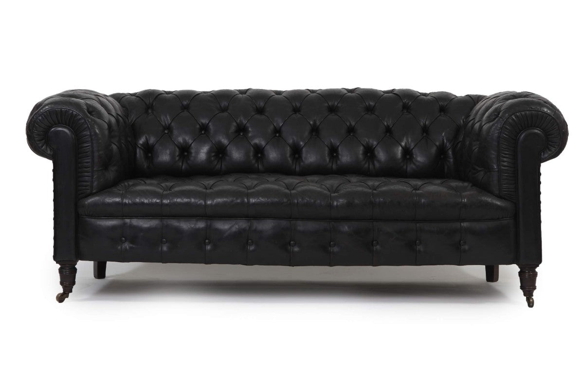 Divano chesterfield club 3 posti antico inglese originale in pelle nera - Antichità Sale