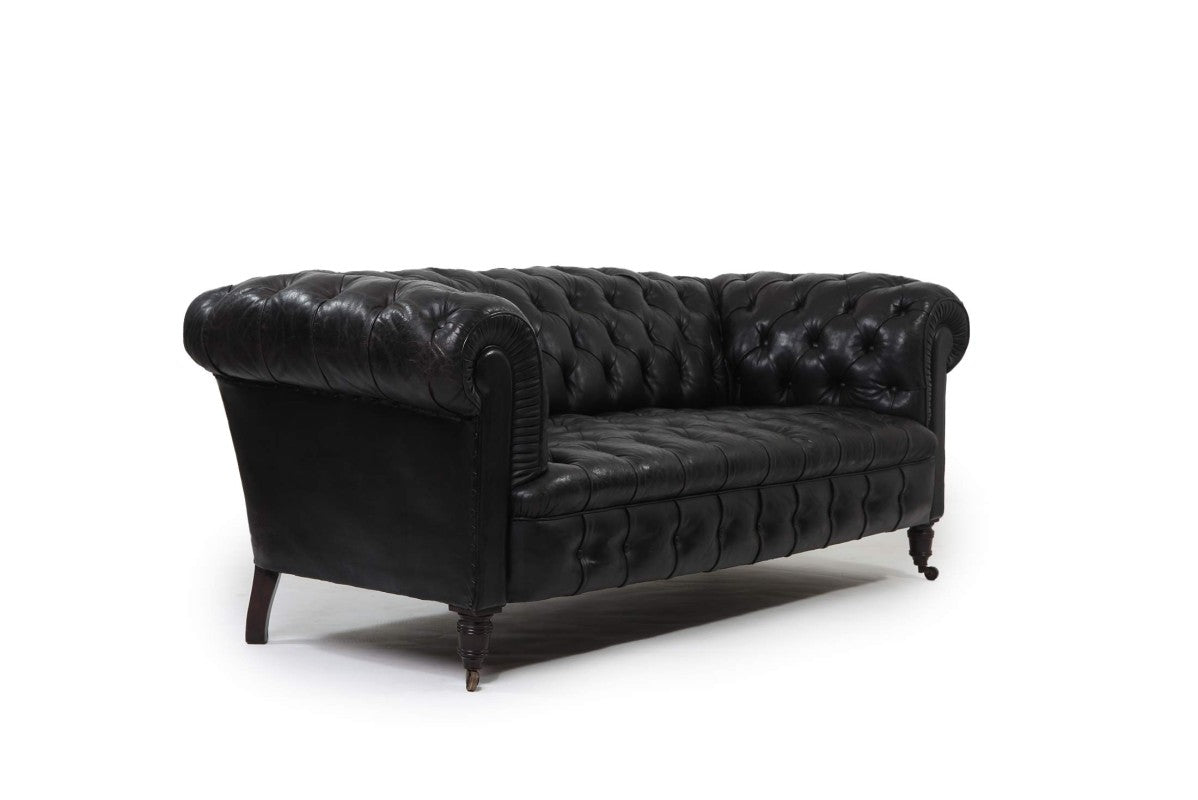 Divano chesterfield club 3 posti antico inglese originale in pelle nera - Antichità Sale