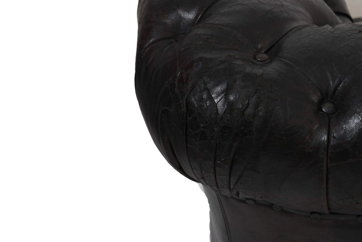 Divano chesterfield club 3 posti antico inglese originale in pelle nera - Antichità Sale