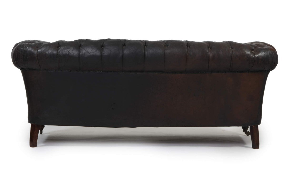 Divano chesterfield club 3 posti antico inglese originale in pelle nera - Antichità Sale
