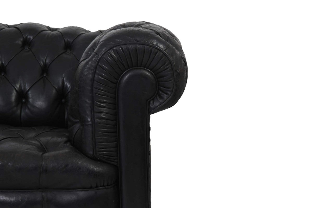 Divano chesterfield club 3 posti antico inglese originale in pelle nera - Antichità Sale