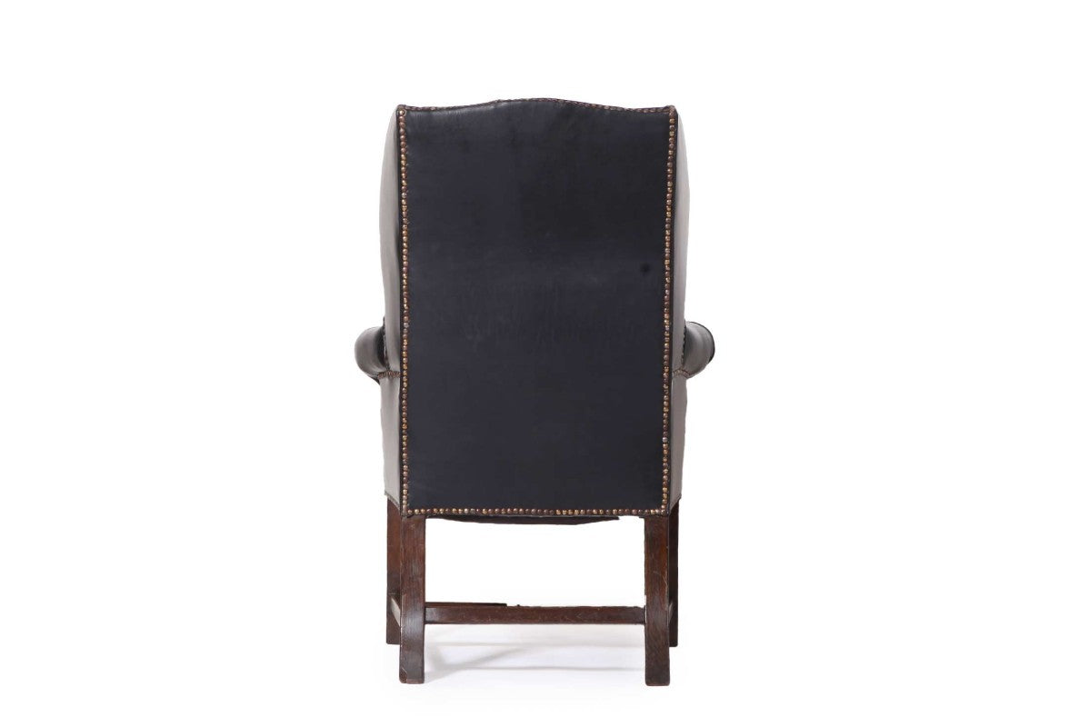 Antica coppia di poltrone wing back o bergere inglese originale in pelle nera - Antichità Sale