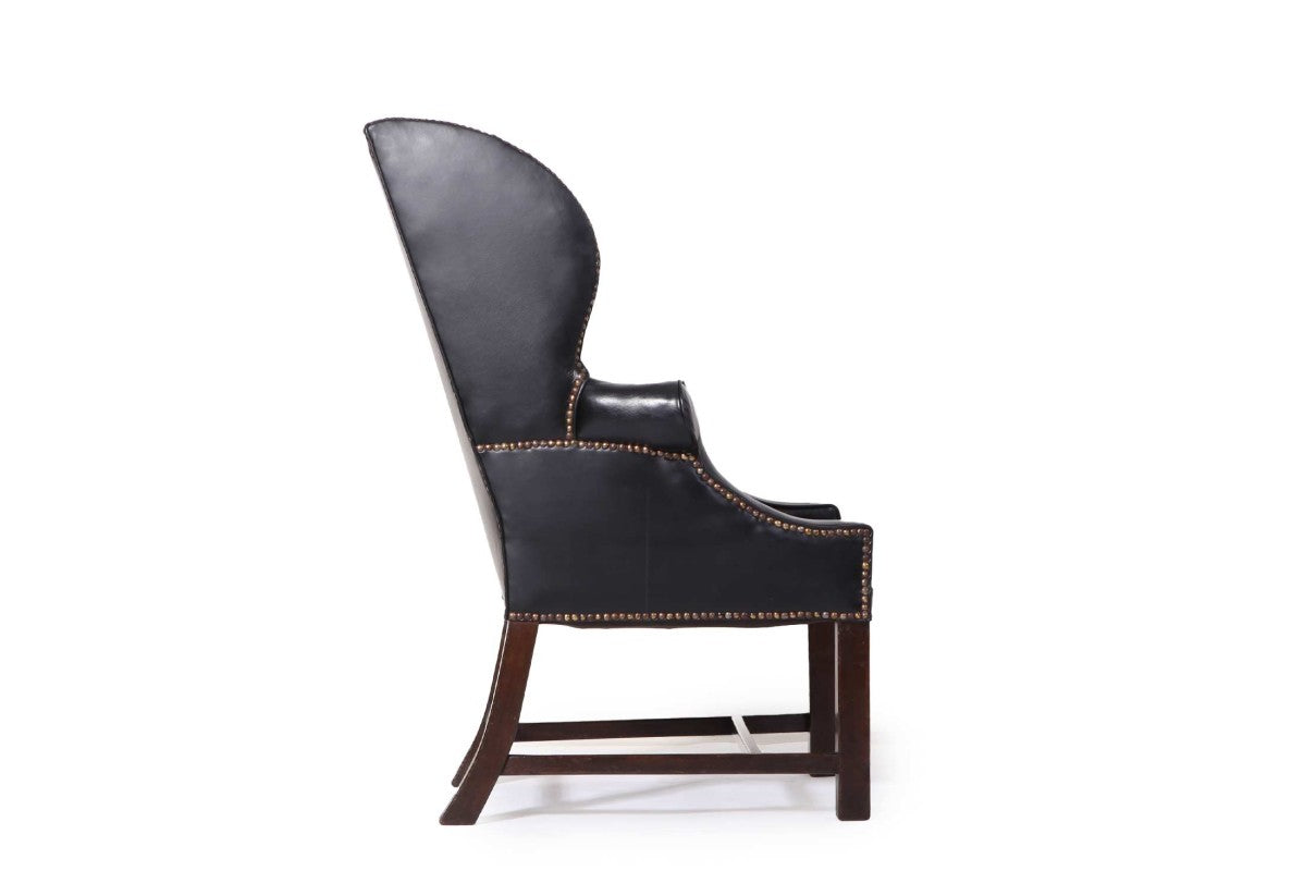 Antica coppia di poltrone wing back o bergere inglese originale in pelle nera - Antichità Sale