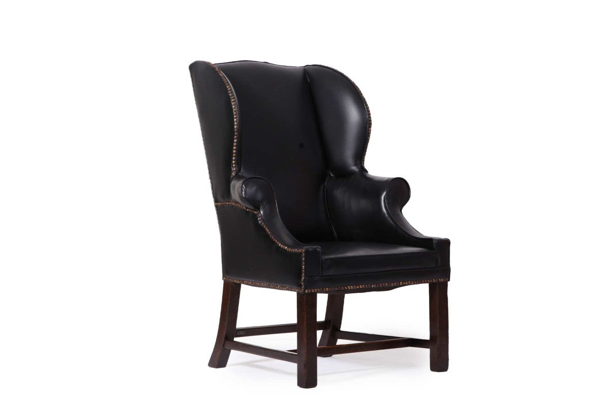 Antica coppia di poltrone wing back o bergere inglese originale in pelle nera - Antichità Sale