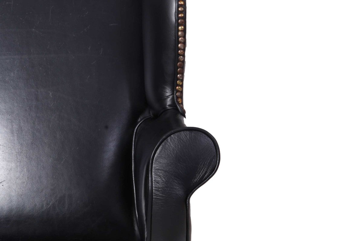 Antica coppia di poltrone wing back o bergere inglese originale in pelle nera - Antichità Sale