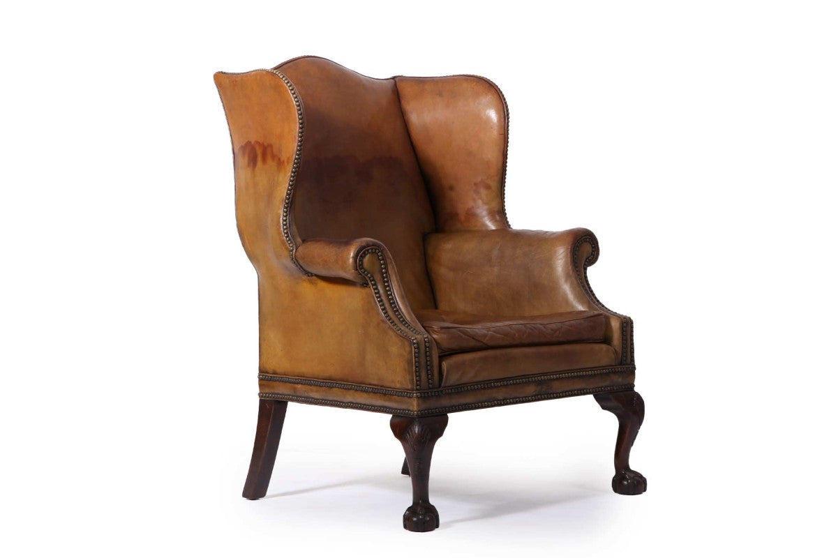 Antica coppia di poltrone wing back o bergere inglese originale in cuoio cognac - Antichità Sale