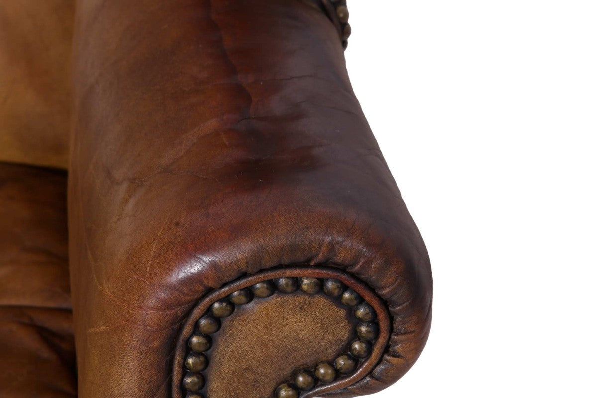 Antica coppia di poltrone wing back o bergere inglese originale in cuoio cognac - Antichità Sale