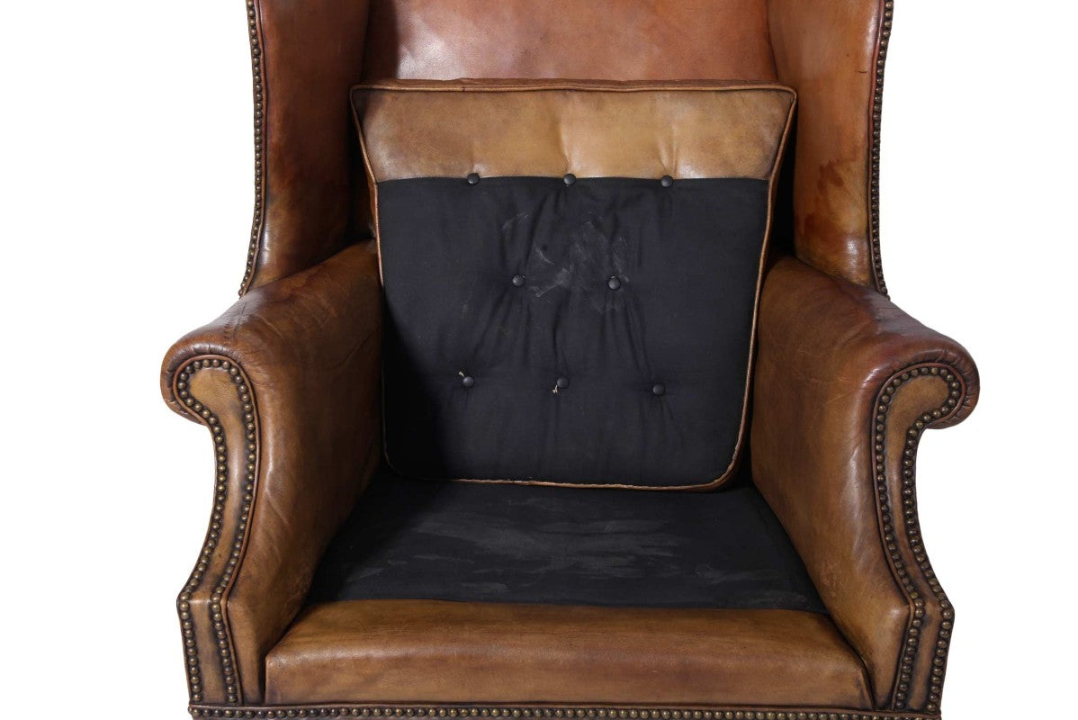 Antica coppia di poltrone wing back o bergere inglese originale in cuoio cognac - Antichità Sale