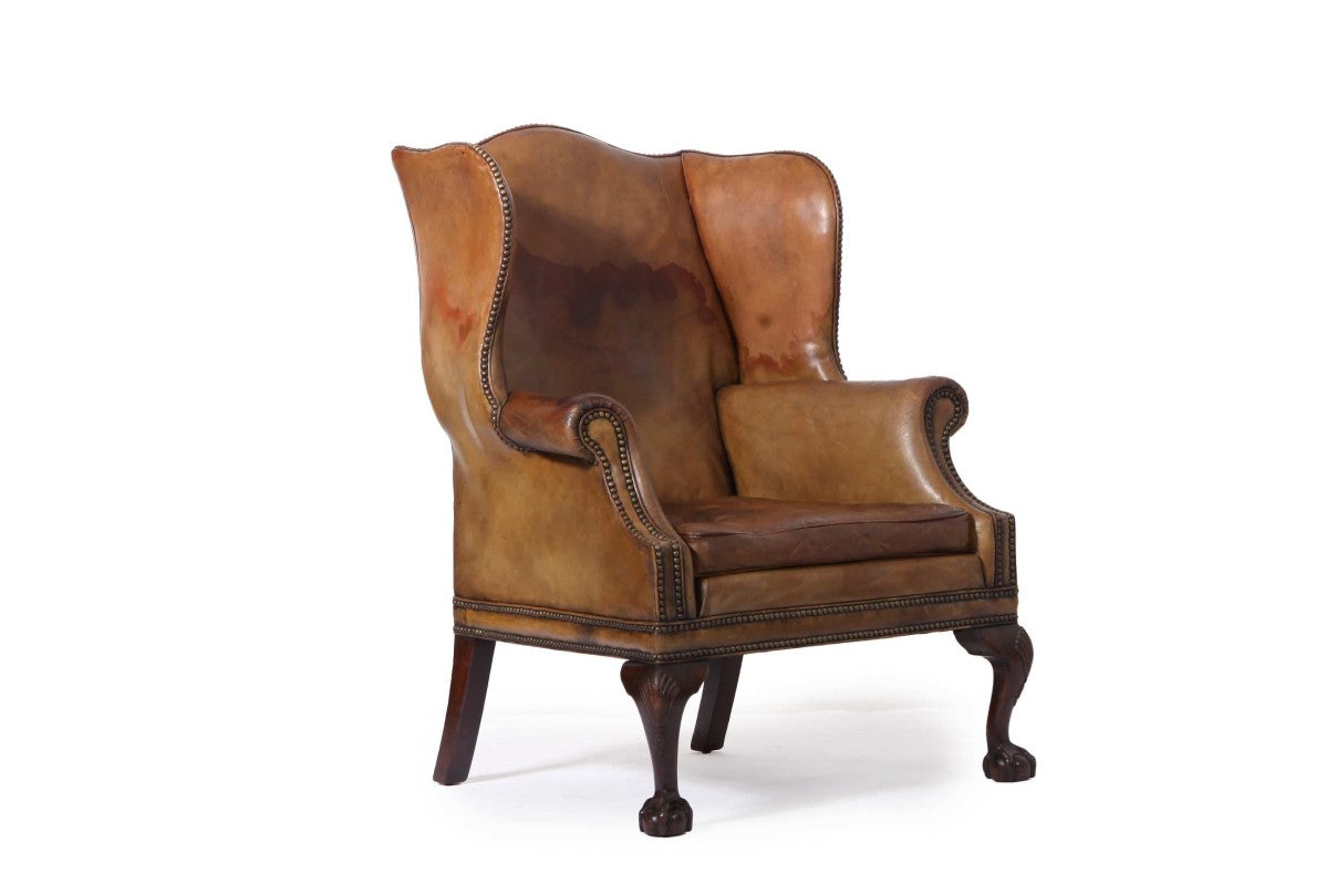 Antica coppia di poltrone wing back o bergere inglese originale in cuoio cognac - Antichità Sale