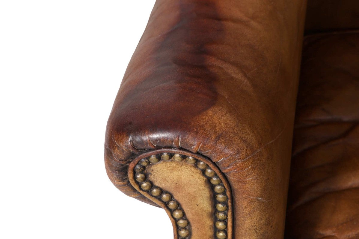 Antica coppia di poltrone wing back o bergere inglese originale in cuoio cognac - Antichità Sale