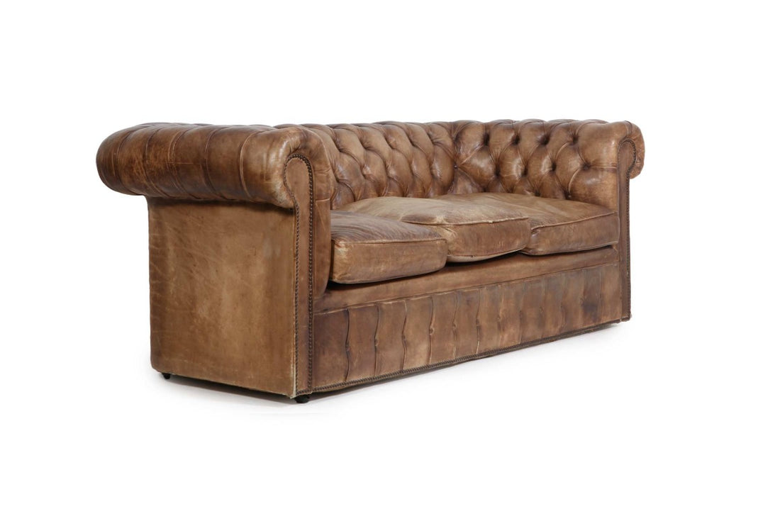 Antico divano 3 posti chesterfield club inglese originale marrone cognac