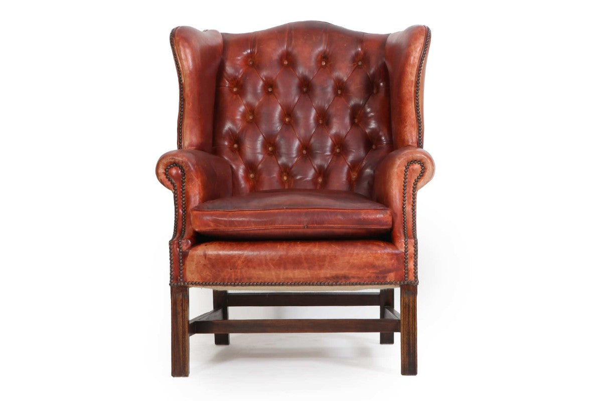 Antica poltrona chesterfield bergere inglese originale rosso corallo - Antichità Sale