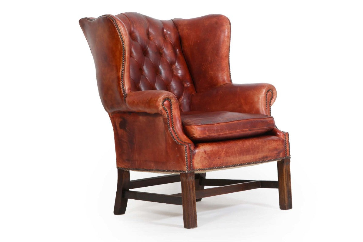 Antica poltrona chesterfield bergere inglese originale rosso corallo - Antichità Sale