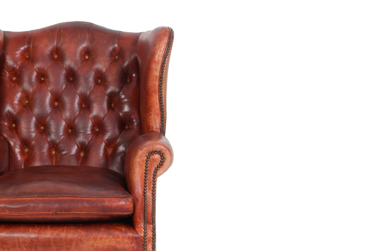 Antica poltrona chesterfield bergere inglese originale rosso corallo - Antichità Sale