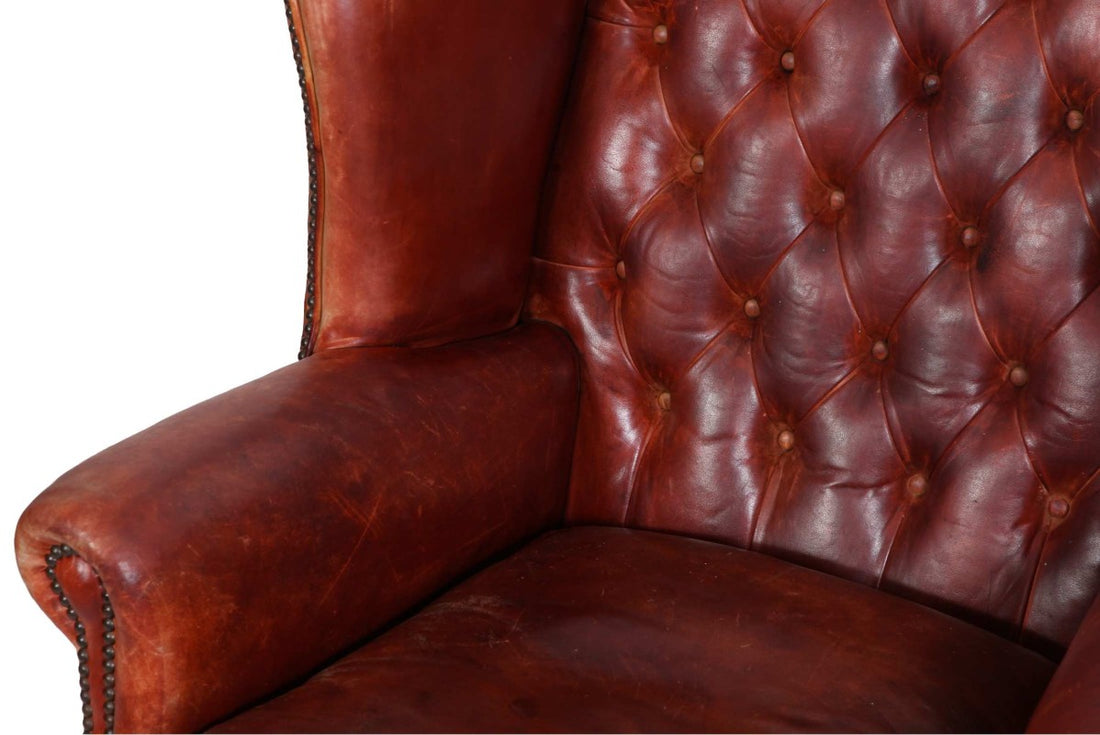 Antica poltrona chesterfield bergere inglese originale rosso corallo