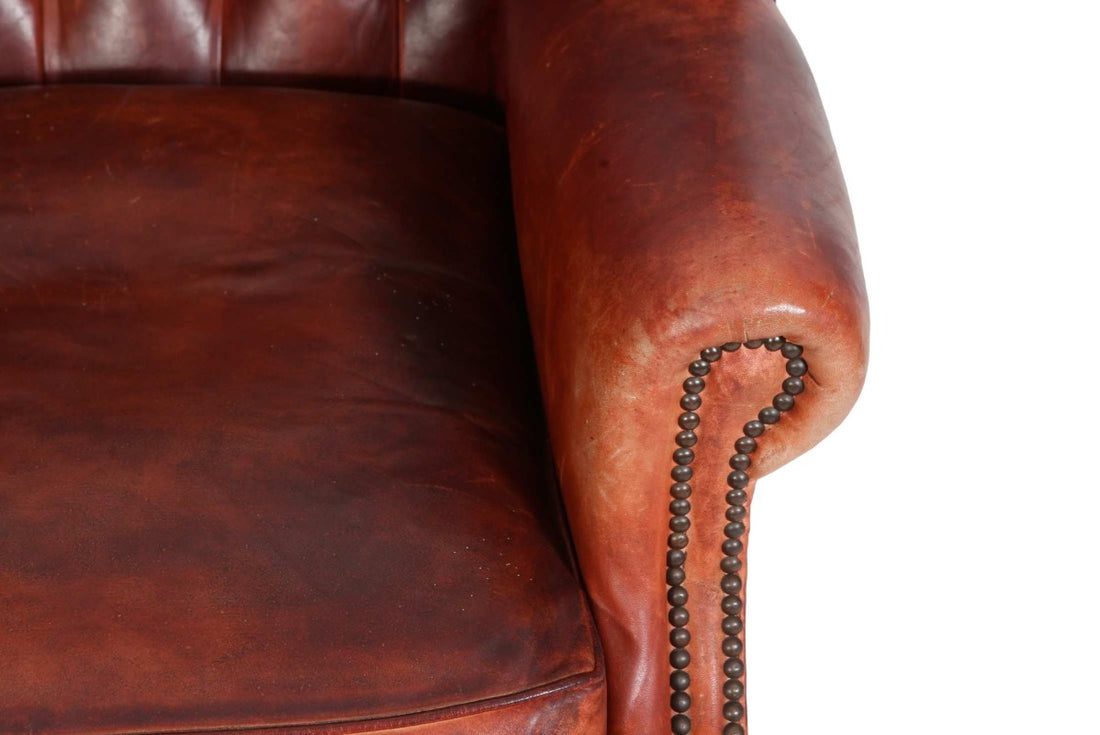 Antica poltrona chesterfield bergere inglese originale rosso corallo