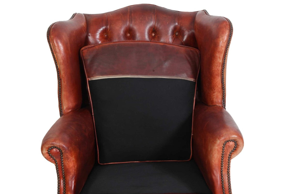 Antica poltrona chesterfield bergere inglese originale rosso corallo - Antichità Sale