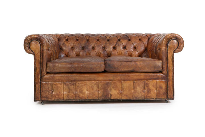 Antico divano 2 posti chesterfield club inglese originale marrone cognac