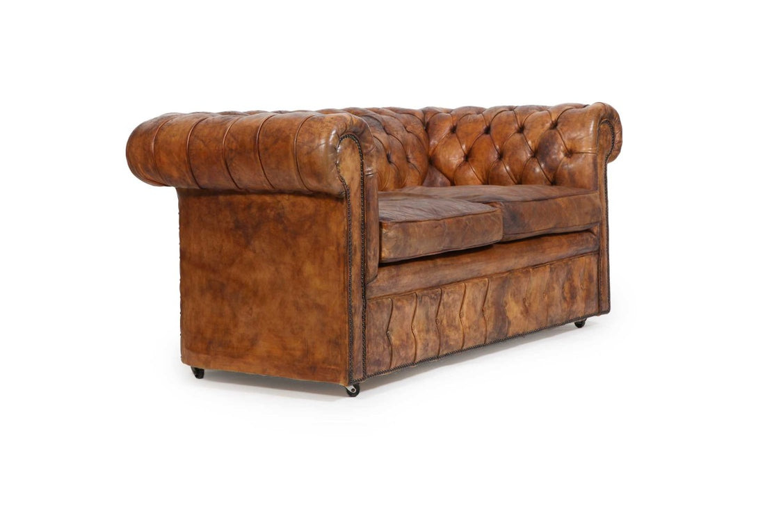 Antico divano 2 posti chesterfield club inglese originale marrone cognac