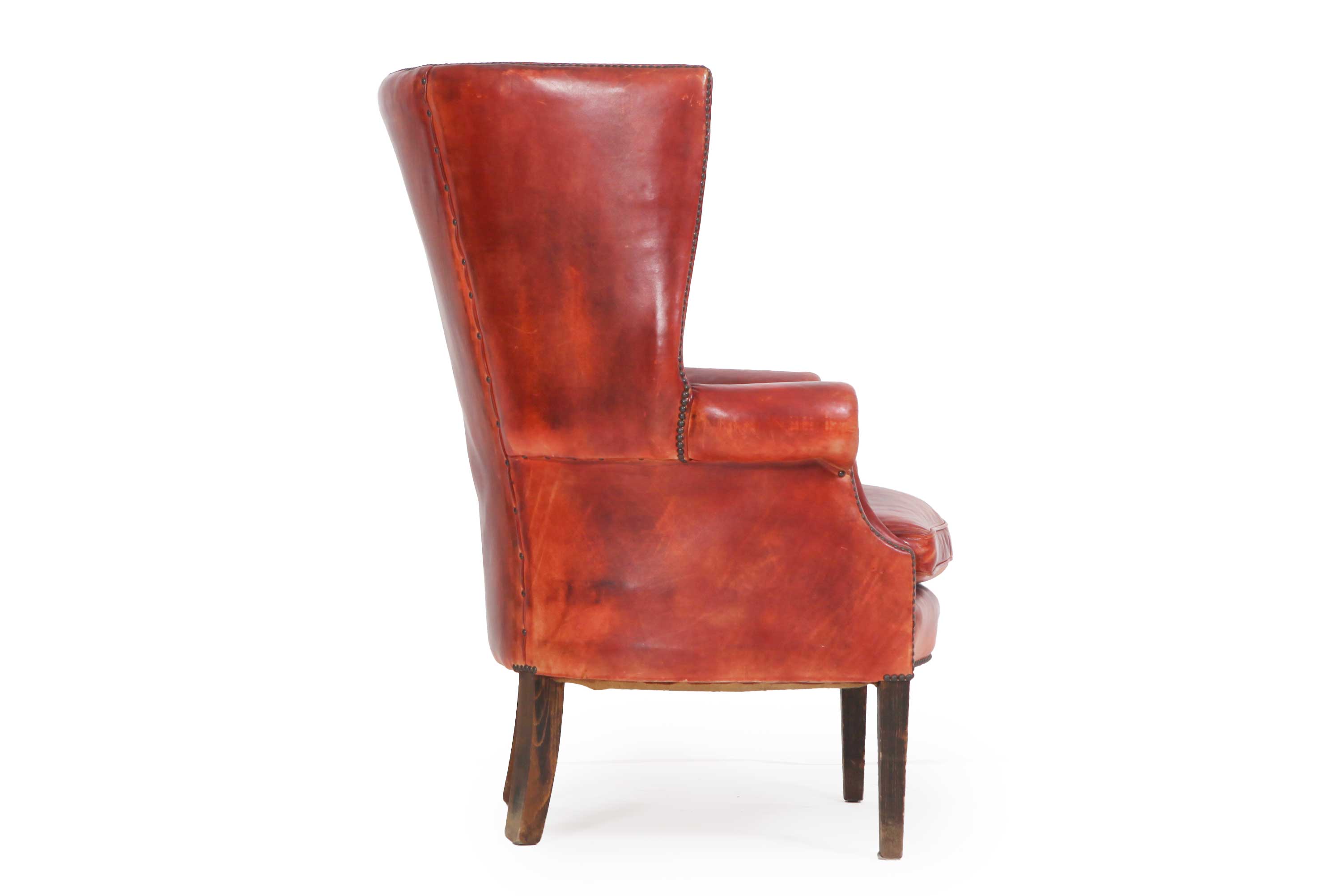 Coppia di poltrone porters barrel back inglese originale in pelle rosso marocchino - Antichità Sale