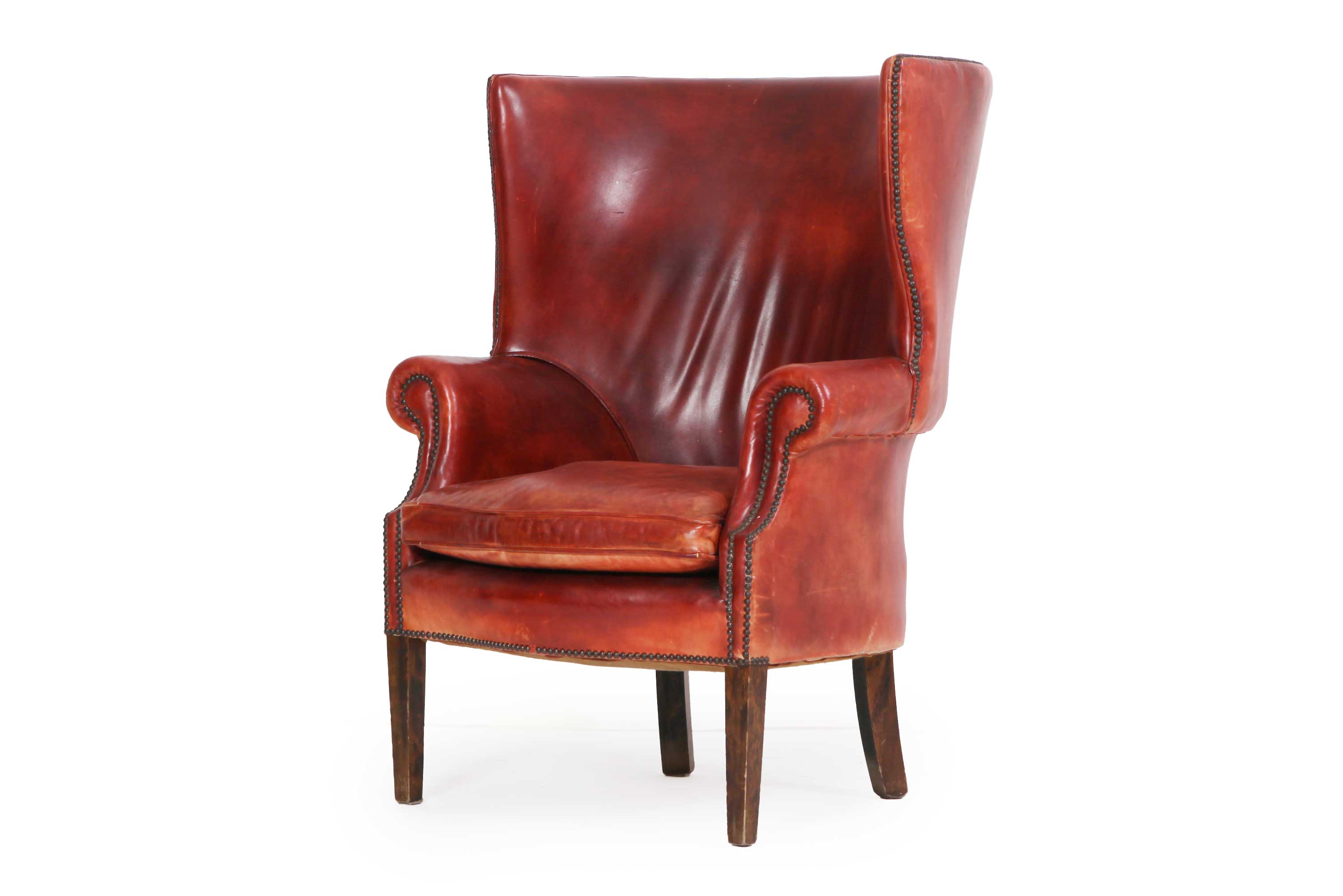 Coppia di poltrone porters barrel back inglese originale in pelle rosso marocchino - Antichità Sale