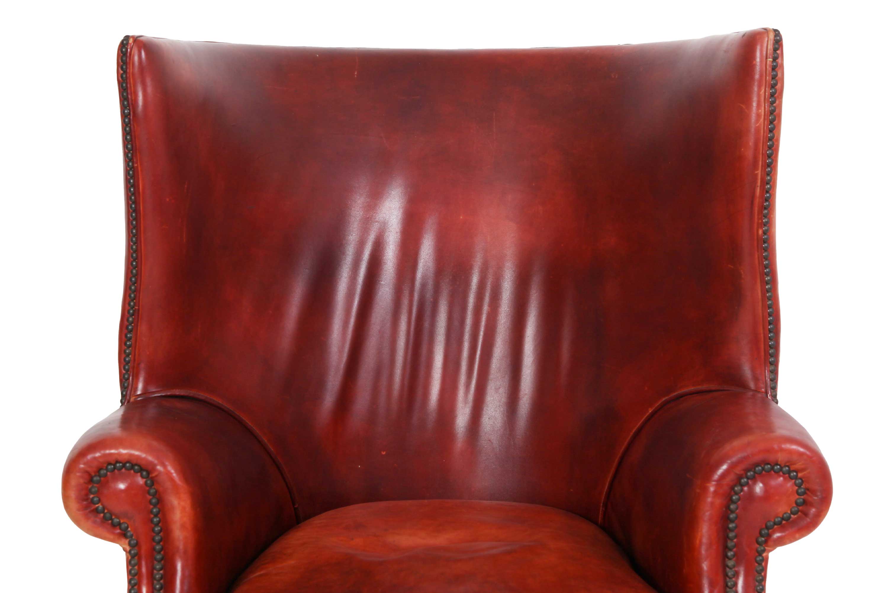 Coppia di poltrone porters barrel back inglese originale in pelle rosso marocchino - Antichità Sale