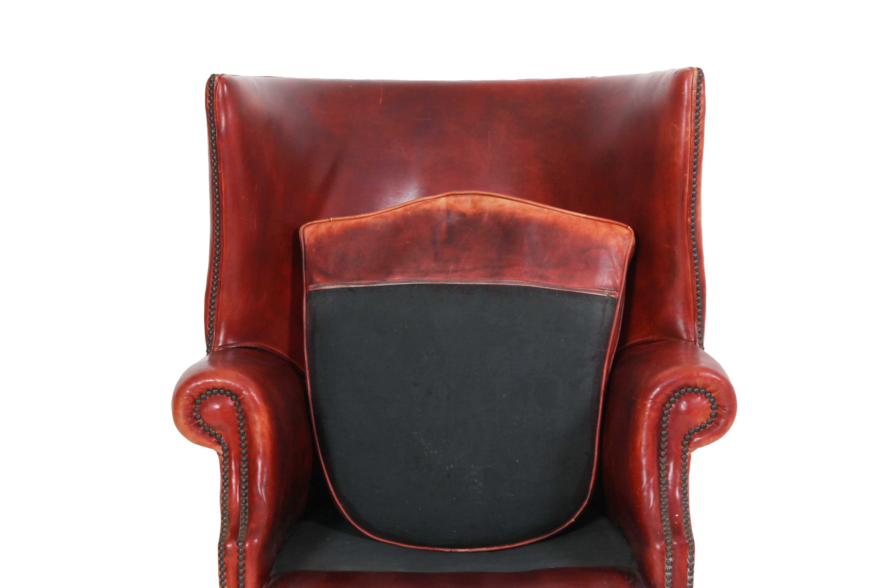 Coppia di poltrone porters barrel back inglese originale in pelle rosso marocchino - Antichità Sale