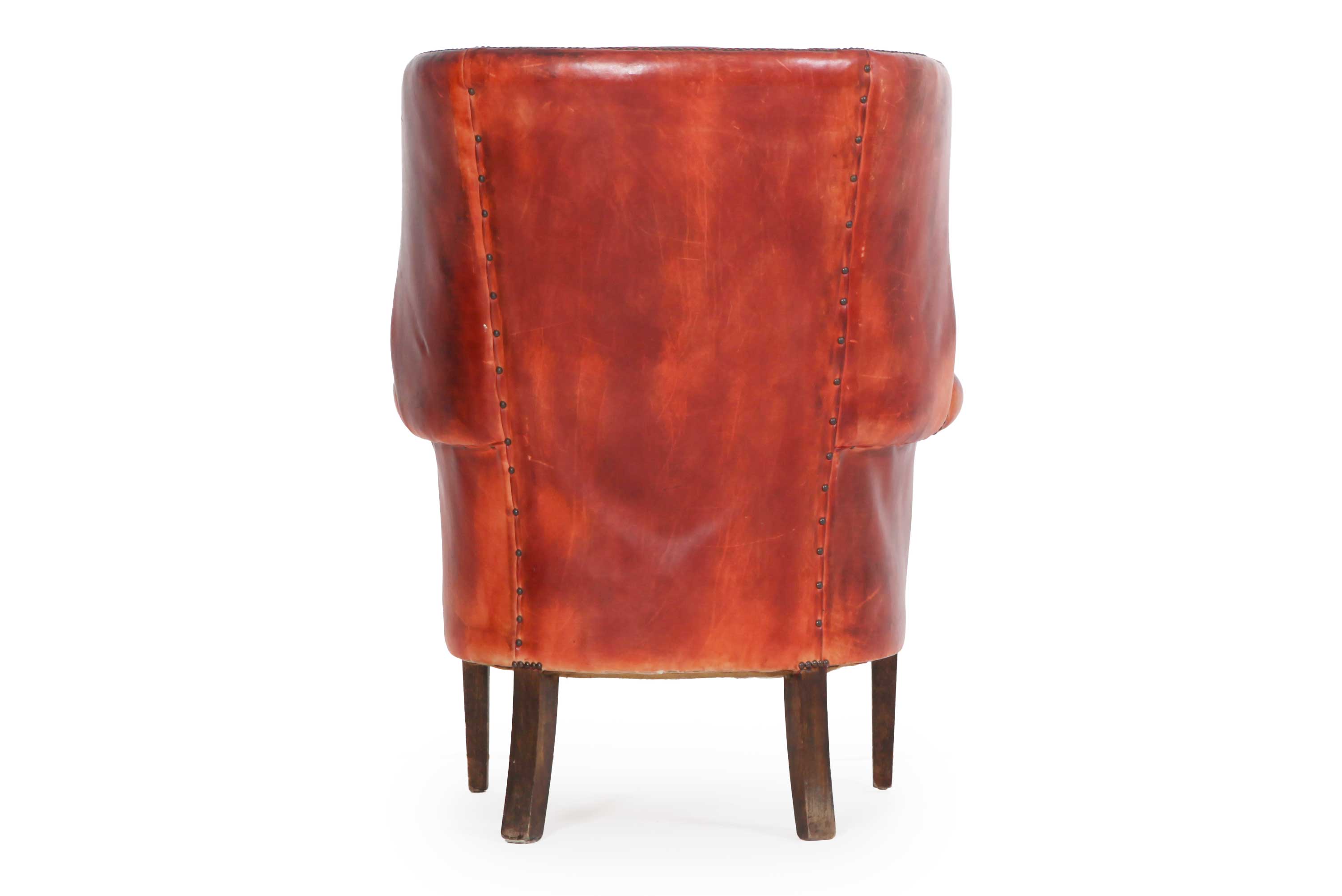 Coppia di poltrone porters barrel back inglese originale in pelle rosso marocchino - Antichità Sale