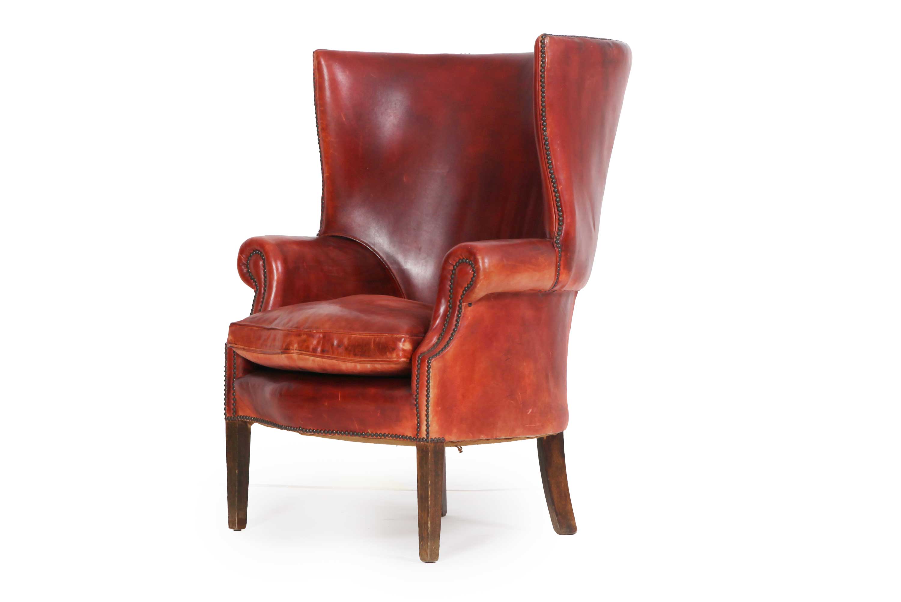 Coppia di poltrone porters barrel back inglese originale in pelle rosso marocchino - Antichità Sale