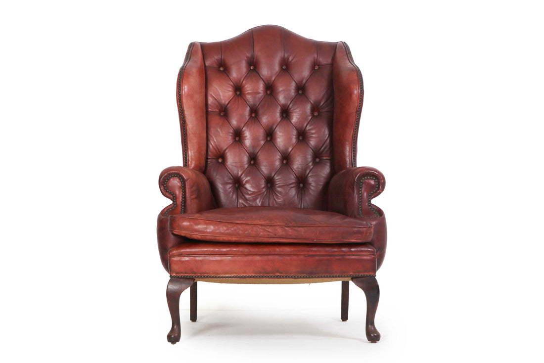 Antica poltrona chesterfield Wing Back o bergere inglese originale rosso marocchino