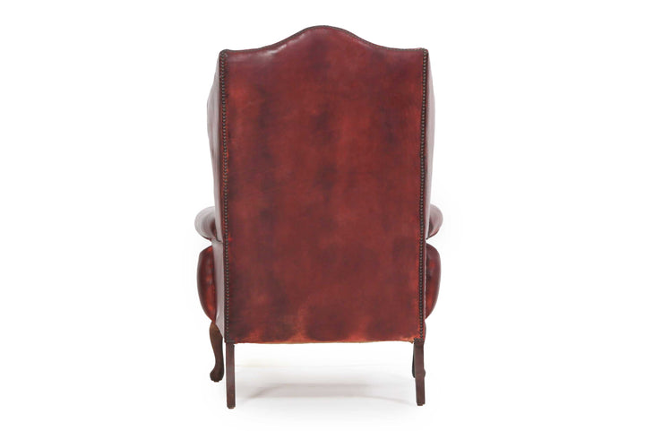 Antica poltrona chesterfield Wing Back o bergere inglese originale rosso marocchino