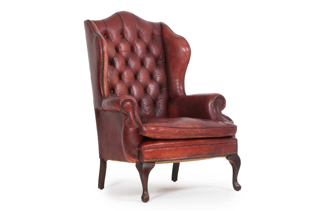 Antica poltrona chesterfield Wing Back o bergere inglese originale rosso marocchino