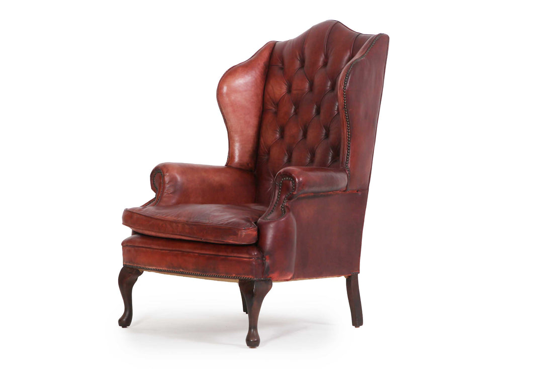 Antica poltrona chesterfield Wing Back o bergere inglese originale rosso marocchino