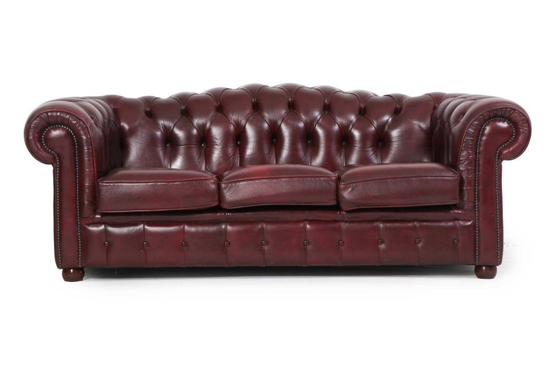 Divano 3 posti chesterfield club vintage originale in pelle bordeaux