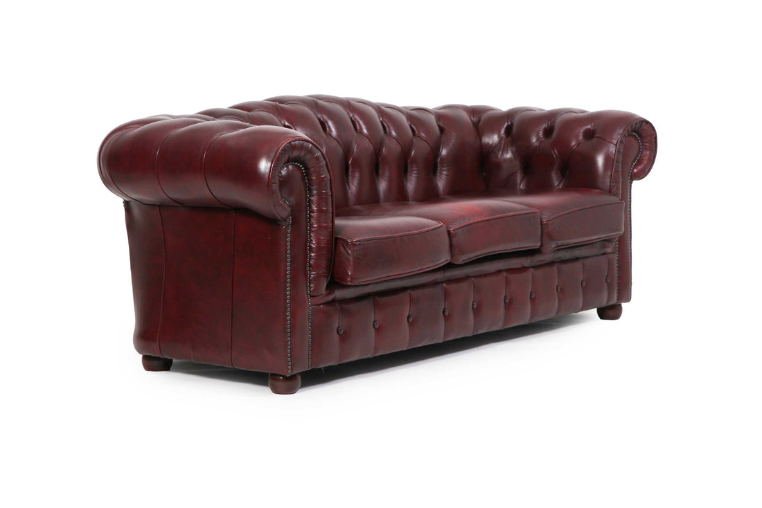 Divano 3 posti chesterfield club vintage originale in pelle bordeaux