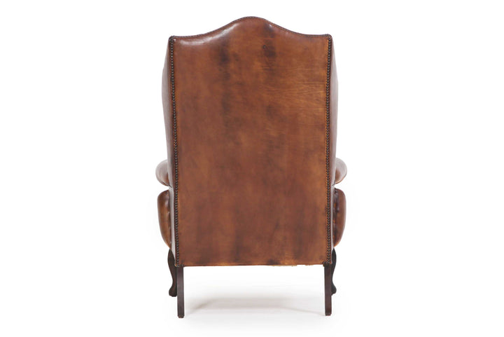 Antica poltrona chesterfield Wing Back o bergere inglese originale in pelle marrone