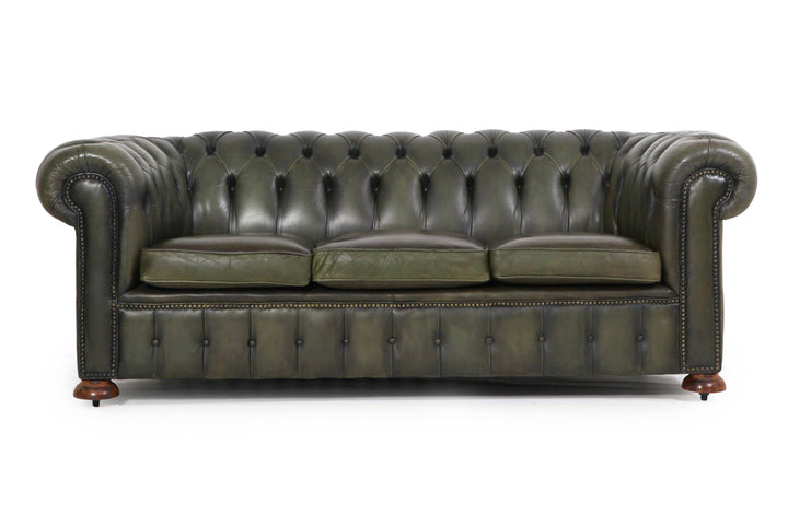 Divano 3 posti chesterfield club vintage originale in pelle verde oliva