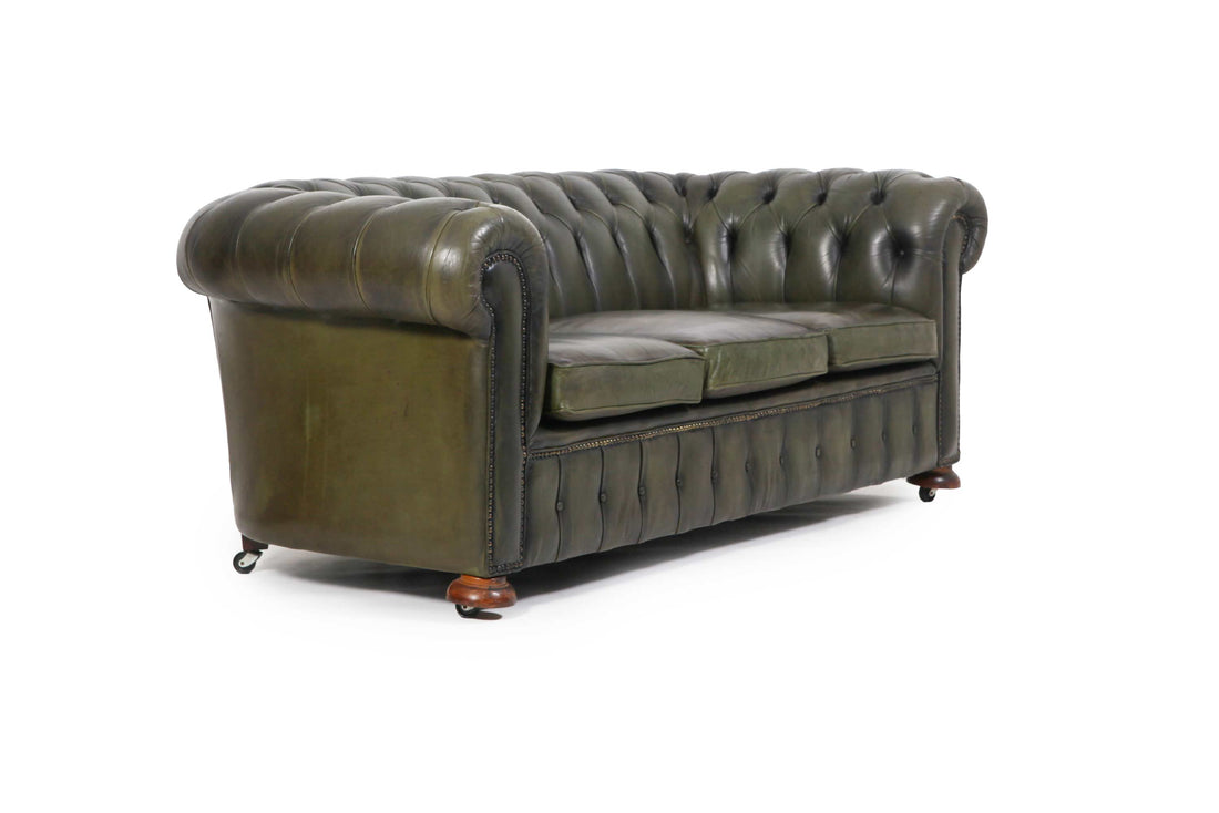 Divano 3 posti chesterfield club vintage originale in pelle verde oliva