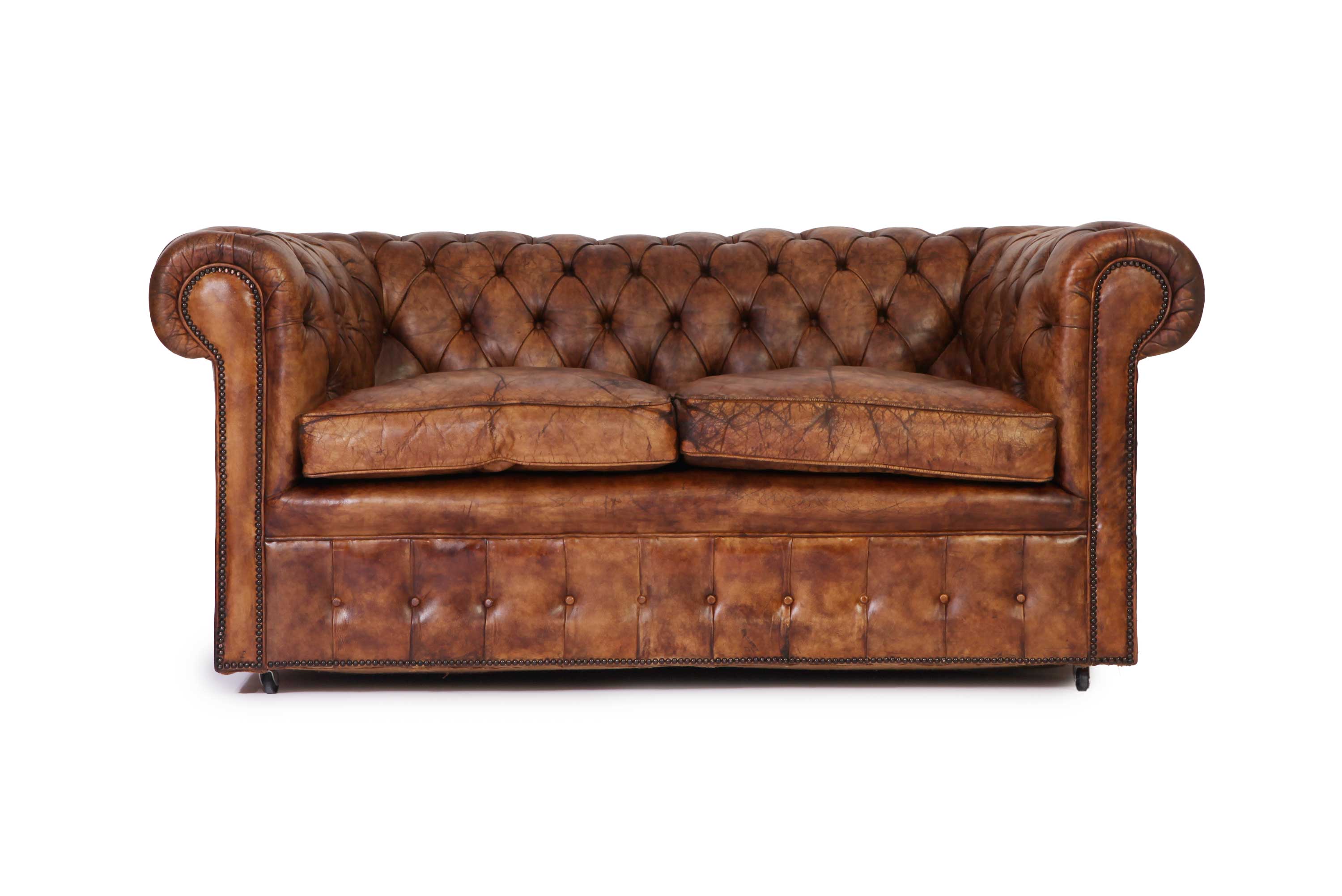 Antico divano chesterfield club 2 posti inglese originale marrone cognac